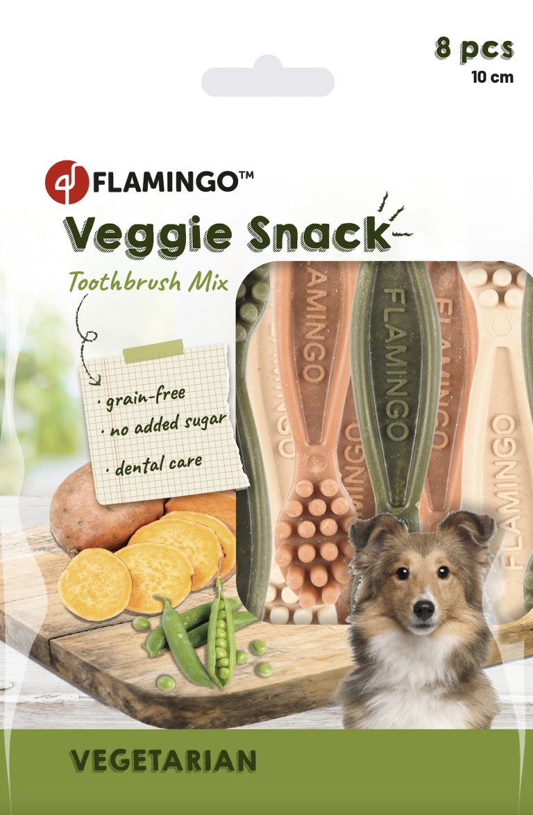Flamingo Veggie Toothbrush priboljšek za pse v obliki ščetke 10 cm – rastlinski, brez mesa in žit, 8 kosov