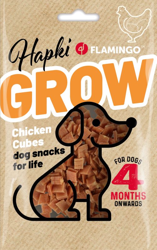 Priboljški za psa Grow puppy in adult mini piščančje kocke 85 g Flamingo