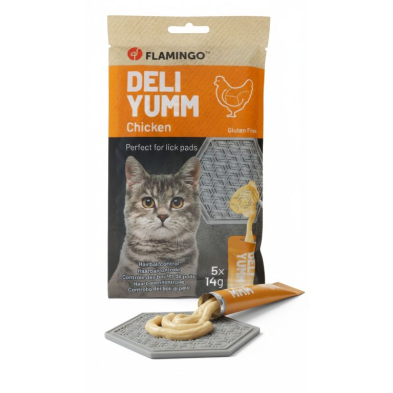 Flamingo pribolj&scaron;ek za mačke pasta Deli Yumm hairball control 70g