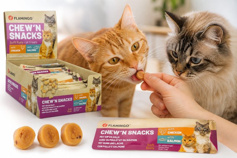 Flamingo Chew&rsquo;n Snack pribolj&scaron;ki za mačke pi&scaron;čanec & losos 10 g