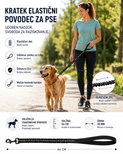 Kratek elastični povodec za pse Rover črn 64 cm &times; 20 mm
