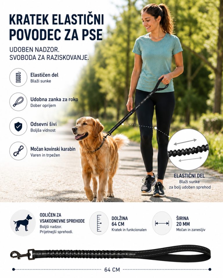 Kratek elastični povodec za pse Rover črn 64 cm &times; 20 mm