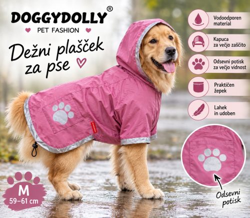 Dežni pla&scaron;ček za psa DoggyDolly roza z odsevnimi elementi &ndash; M