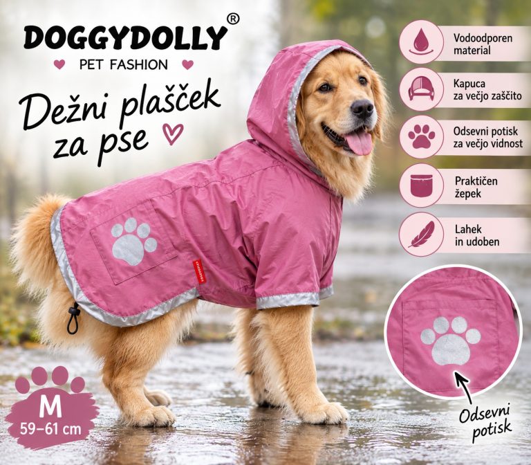 Dežni pla&scaron;ček za psa DoggyDolly roza z odsevnimi elementi &ndash; M
